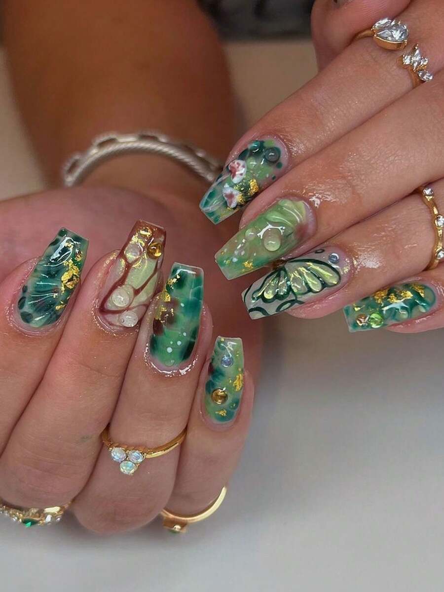 24 st gröna marmorerade långa kista-pressnaglar med gyllene accenter och 3D-fjärilsdesign - Grön - Visa 1