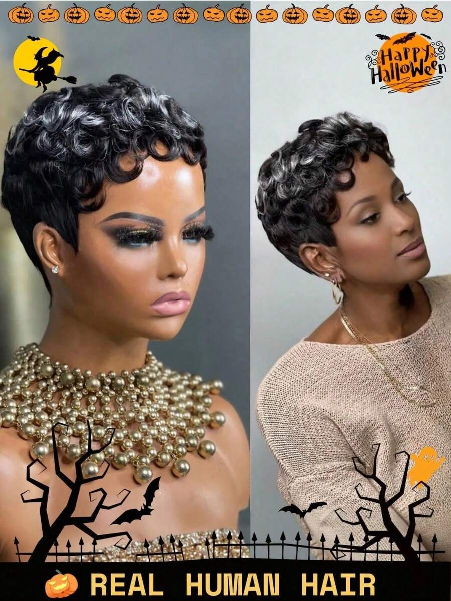 Short Pixie Wigs Short Black Curly Pixie Wigs Synthetic Hair Wigs Natural Wavy Black Pixie Cut Wig Short Curly Layered Pixie Wig - Multicolor - View 1