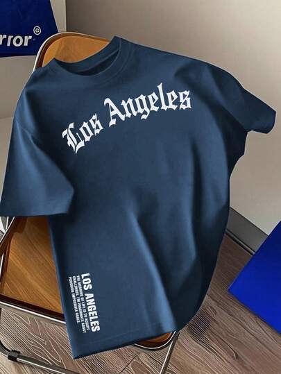 男士洛杉矶标语印花短袖T恤，舒适透气，适合夏季穿着，引领时尚潮流