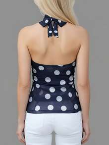 Camiseta sin mangas con cuello halter y lunares para mujer, de verano, moderna, sin espalda, ajustada, para salir - Negro - Ver 2
