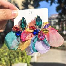 1 Pair Bohemian Style Colorful Fabric Flower Shaped Exaggerated Earrings, Inlaid With Faux Gems, Large Size Stud Earrings For Women, Suitable For Parties, Galas, Beach Vacations, Fashion Jewelry
