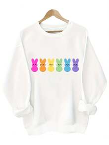 Colorful Rabbit Pattern Fleece-Lined Sweatshirt - Long Sleeve Round Neck Pullover With Drop Shoulder, Machine Washable Winter Workout Top For Gym Running Training & Casual Wear, Soft Texture Apparelgifts For Mom-Free Shipping - White - View 2