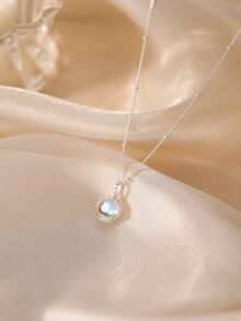 1 chiếc dây chuyền mặt dây chuyền hình tròn tối giản bằng bạc Sterling S925 đính đá mặt trăng nhân tạo, quà tặng trang sức cho phụ nữ. - Bạc - Xem 4