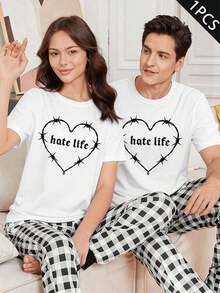 Couples Matching Heart Graphic Tee, High Quality Fabric, Eye-Catching Print, Casual, Breathable - 女款白色-1件 - 查看 1