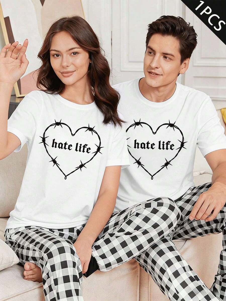 Couples Matching Heart Graphic Tee, High Quality Fabric, Eye-Catching Print, Casual, Breathable - 女款白色-1件 - 查看 1