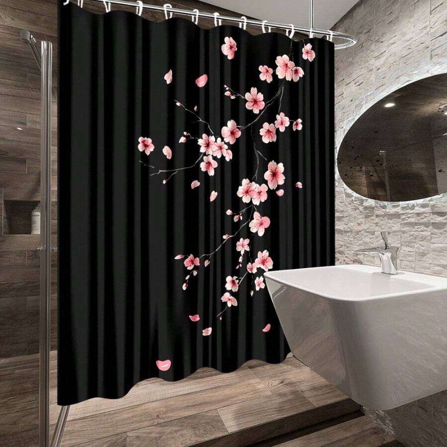 1pc Cherry Blossom Shower Curtain Black Background Nature Flower Art Polyester Fabric Bathroom Decor With 10 Hooks 70.8x70.8 Inches - 彩色 - 查看 1