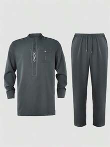 2pcs Dark Grey Dashiki Shirt And Pants Set, White Geometric Line Embroidery, Chest Pocket, Long Sleeve, Round Neck, Elastic Waist Pants, African Fashion, Men's Matching Sets, Casual & Elegant Style For Business, Party, Date, Wedding, Daily Wear, Celebrations And Ceremonies - Dark Grey - View 3