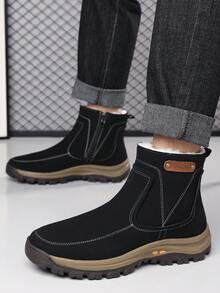 1 Pair Men's Round Toe Pull-On PU Leather Upper Rubber Sole Lined Warm Non-Slip Casual Mid-Calf Boots, Suitable For Daily Wear In Winter - Black - View 4