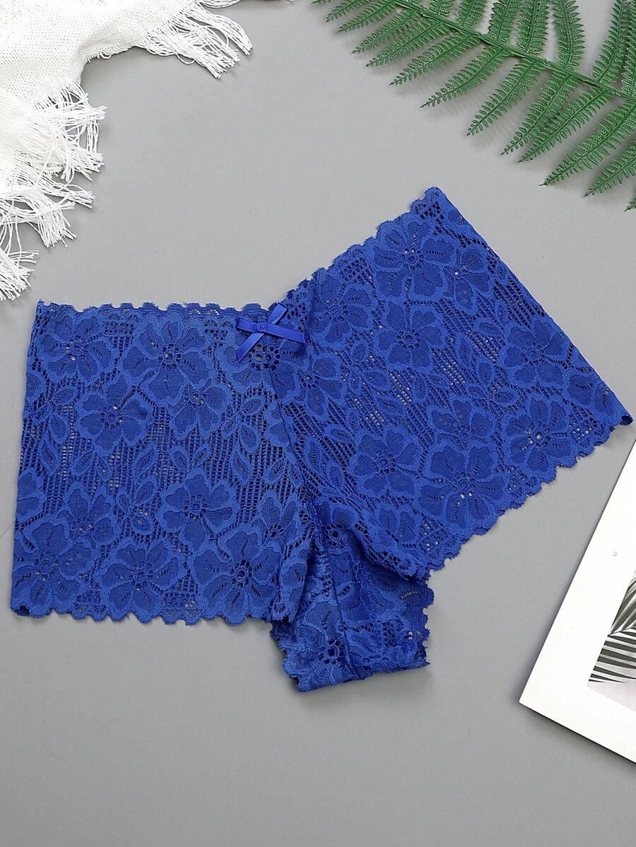 Jacquard-Blumen-Spitzen-Sexy-Damen-Slips mit Schleifendetail, modisch, bequem, atmungsaktiv, hautfreundlich, verführerische Damen-Unterwäsche - Blau - Übersicht 1