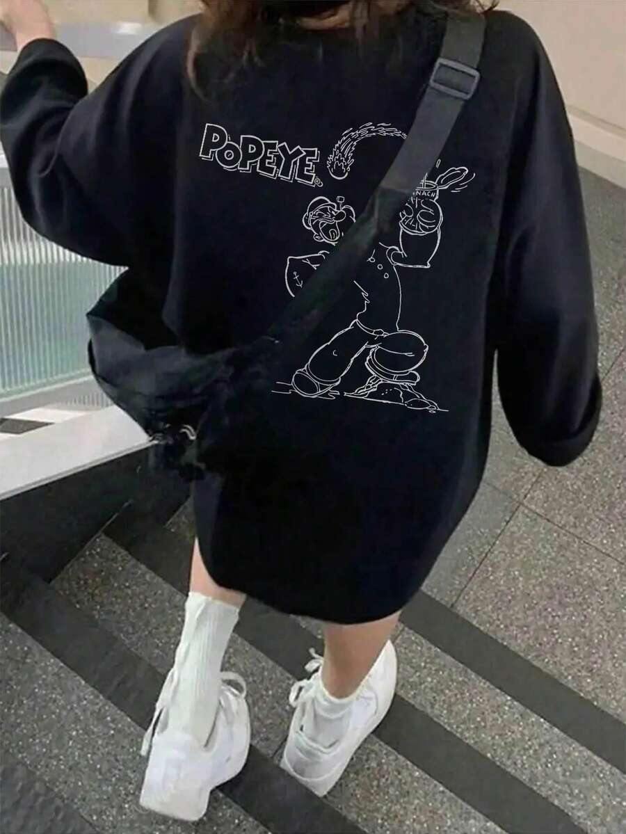 女士简约纯黑色撞色字母卡通印花休闲宽松圆领长袖T恤，适合日常、居家、通勤、街头、Y2K风格等多种场合。 - 黑色 - 查看 1