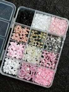 12-Compartment Box Mixed Resin Faux Pearl Bow, Heart, Floral Decor Nail Art Accessories, Versatile & Cute Nail Supplies Nails Nail Charms Nail Gems - 彩色 - 查看 3