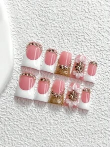 10pcs Elegant Floral Nail Stickers, Handmade Nail Art Set, Champagne Crystal Nail Decor, Gold & White Gel Nails, 3 Sizes Available: Almond, Duck Mouth, Coffin Shape, Includes Tool Kit, Suitable For Women & Girls, Suitable For Parties, Events, Daily Wear Nail Supplies Handmade Press On Nails - 彩色 - 查看 16