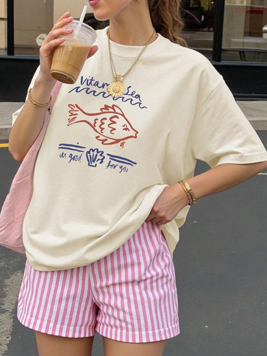 Minimalist Fish Scale Print Loose Fit Plus Size Women Short Sleeve T-Shirt, Suitable For Summer, Chinese New Year, Lunar New Year, Year Of The Horse, Spring Festival, Happy New Year, Valentine's Day - Apricot - View 1