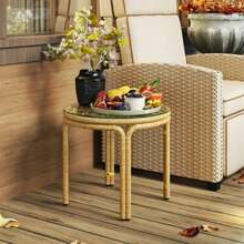 Outsunny Round Polyrattan Side Table With Glass Tabletop, Bedside Table, Garden Table, Garden Furniture, Coffee Table, Sofa Table For Living Room, Garden, Patio, Balcony, Ø50 Cm, Yellow - Brown - View 6