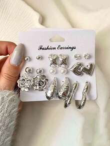 18pcs Elegant Heart, Water Drop, Flower, Faux Pearl & Rhinestone Geometric Pattern Earring Set, Fashionable Jewelry Gift For Women, Suitable For Date, Party, Wedding, Birthday, Christmas, Daily Wear - Silver - View 3