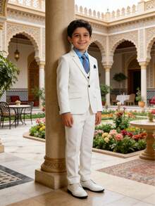 1 conjunto de terno formal para meninos: 1 blazer + 1 calça + 1 gravata, adequado para casamento, apresentação, festa e outras ocasiões formais - Branco - Ver 5