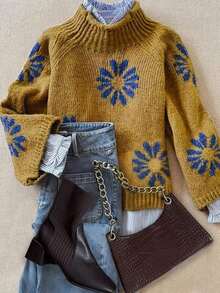 Autumn And Winter Fashion Casual Comfortable Warm Apricot Flower Pattern Knit High Neck Long Sleeve Loose Sweater Pullover - Màu Mù tạt vàng - Xem 12