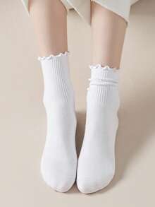 5/10 pares de calcetines medianos gruesos para mujer, con borde de volantes de unicolor blanco y negro, versátiles y cómodos, para uso casual en otoño/invierno