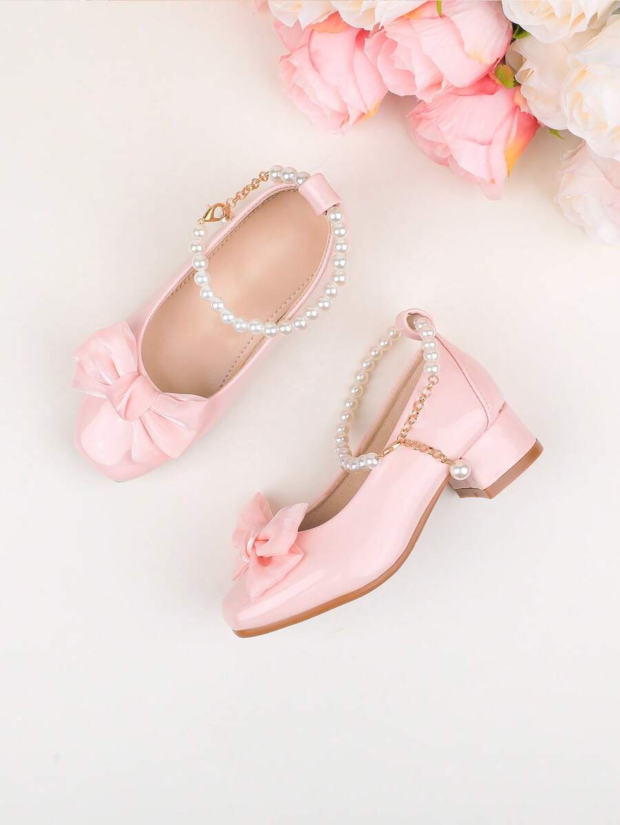 Scarpe da bambina per damigella d'onore, eleganti e dolci, con fiore, per banchetti di matrimonio, feste serali e vacanze, con tacco alto, adatte a ragazze di taglia grande, media e piccola, scarpe per bambini e neonati, classiche, comode e versatili, alla moda, rosa, con fiocco semplice, fibbia di perla, per tutte le stagioni, per vacanze, eleganti, con tacco spesso, scarpe da cerimonia, scarpe da spettacolo, scarpe da ballo, Mary Jane, scarpe da ballerina, scarpe da principessa - Rosa - Visualizzare 1