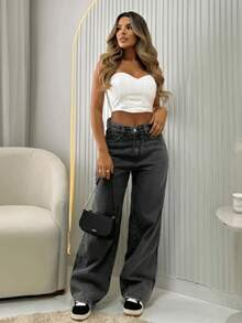Women's Wide Leg Jeans, High-Rise, 100% Premium Cotton, Wide Leg, Marbled Blogger - 黑色大理石石墨 - 查看 5