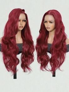 13x6蕾丝前假发，24英寸黑色和酒红色丝滑卷曲合成长发，高品质自然外观蕾丝前假发，带婴儿发，耐热合成蕾丝前假发，可调节绑带，适合日常佩戴、圣诞节、万圣节、新年、狂欢节、音乐节和其他场合。 - 彩色 - 查看 14