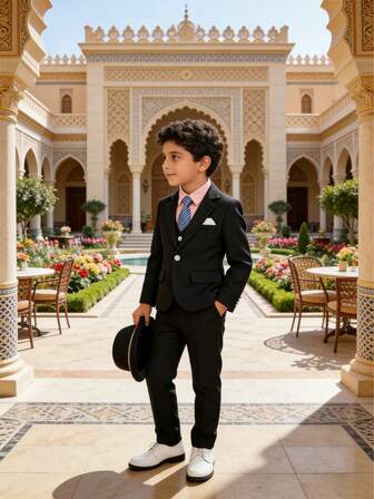 一套男童正装套装 - 1 件西装外套 + 1 条裤子 + 1 条领带，时尚绅士装扮，适合婚礼、演出、派对和其他正式场合。