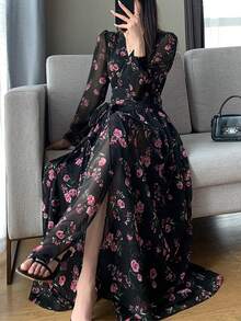 Chiffon Cool-Touch Floral Print Women's Dress - Stylish V-Neck, Mesh Patchwork Long Sleeves, Bow Tie Detail, High Waist Design, Flared Hem, 2026 Spring/Summer New Arrival, Elegant Women's Midi Dress - 黑色 - 查看 1