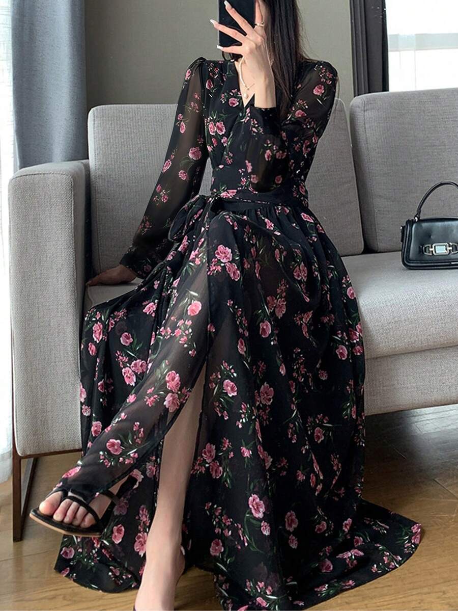 Chiffon Cool-Touch Floral Print Women's Dress - Stylish V-Neck, Mesh Patchwork Long Sleeves, Bow Tie Detail, High Waist Design, Flared Hem, 2026 Spring/Summer New Arrival, Elegant Women's Midi Dress - 黑色 - 查看 1