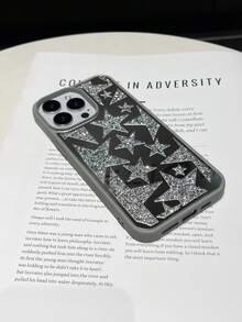 1 Peça Capa de Telefone 2 em 1 Prateada com Spray de Óleo, Sensação de Pele, Strass, Estrelas Grandes e Pequenas, Espelho Embutido e Anti-Queda, Compatível com iPhone 14 Pro Max/17 Pro Max - Prata - Visão 6