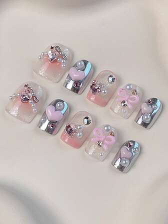 10pcs Short, Square-Shaped Pink Blush Heart-Shaped Handmade Nail Stickers, Decorated With White Faux Pearls, Heart Gems, Bows, Pink Hearts, And Other Cute Ornaments. Acrylic Nail Stickers, Pink French Press-On Nail Art, Valentine's Day Nail Art, Press-On Square Nail Art,Y2k Nails, Nail Art Supplies Art, Suitable For Ladies And Girls To Attend Parties