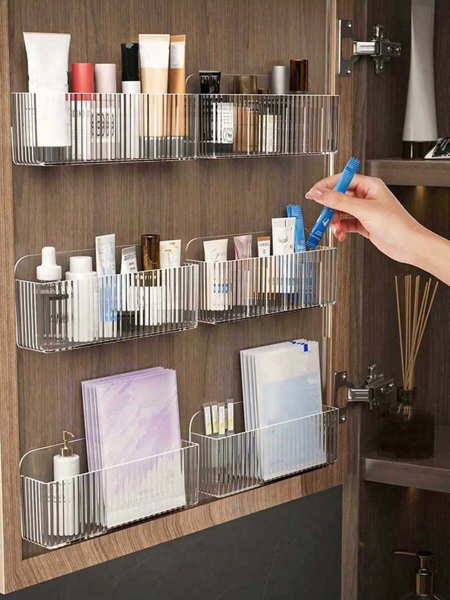 1 Giá đựng đồ trang điểm treo tường không cần khoan, nhiều ngăn để đựng cọ trang điểm, son môi, mỹ phẩm - Thiết kế nhẹ, tiết kiệm không gian, phù hợp với bàn trang điểm trong phòng tắm, chất liệu nhựa bền.