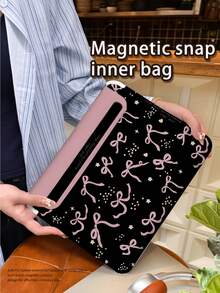 1 Piece, Pink Bow Tie Pattern Laptop Sleeve, Suitable For MacBook Pro 15, Air 13, Galaxy TAB S10 Ultra, Metabook 14-Inch, Pu Leather Material, Waterproof And Stain-Resistant, Magnetic Closure, Female And Male Models, IPad Storage Bag, Can Be Used As A Mouse Pad, Essential Computer Bag For Travel