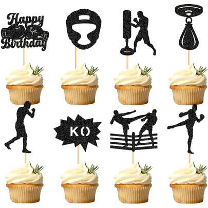 Creative Climbing, Fitness, Boxing Cupcake Toppers - Black Glitter Climbing, Fitness, Boxing Cupcake Picks For Gym Theme Baby Shower, Birthday Party Cake Decorations
