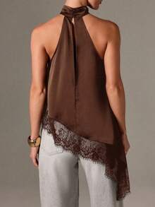 Women's Lace Halter Neck Tank Top Elegant Asymmetric Lace Patchwork Top Y2K Lace Trim Sleeveless Blouse Fashion Backless Crop Tops Loose Casual Camisole Shirt Summer Wedding Guest Party Evening Wear - nâu sẫm - Xem 4