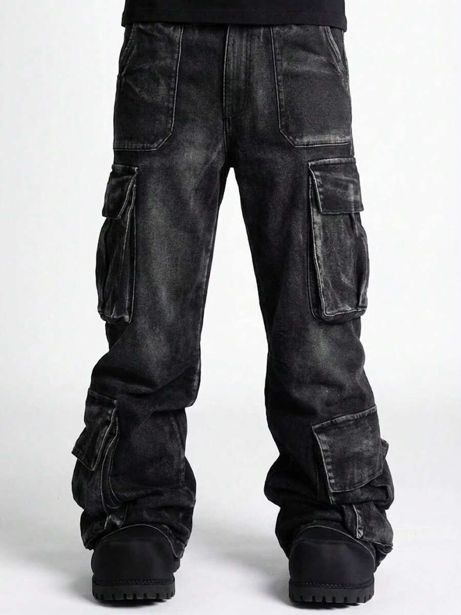 A Fashionable Men's Streetwear Denim Jeans - Dark Grey - View 1