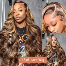 VIOLLY Ombre Highlight Body Wave 13X6 Large Area Transparent Lace Human Hair Blended Wig With Breathable Inner Net Design Lace Frontal Wig For Women Pre-Plucked & Pre-Bleached Honey Gold13x6 Lace Front Wigs Natural Looking Baby Hair Versatile Styling Options 180% Density - SP4/27 - View 4