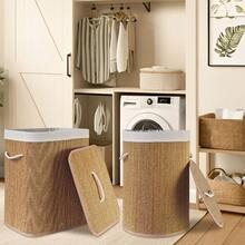Cesta de lavandería de bambú de gran capacidad y plegable con tapa y asa para el baño, la sala de lavandería y la organización del dormitorio, de construcción de bambú natural ligera pero resistente, con agarre suave, diseño plegable para un almacenamiento fácil, ideal para la lavandería diaria, dormitorios y habitaciones de invitados, mantiene los olores contenidos, interior fácil de limpiar, cabe debajo del fregadero y en las esquinas del armario - Óxido marrón - Ver 2