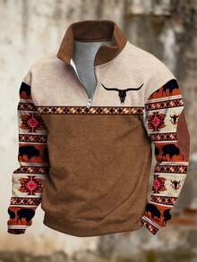 Plus Size Men Vintage Western Style Khaki Brown Patchwork Half Zip Collar Polo Shirt, Skull & Geometric Print, Suitable For Spring/Autumn Casual, Vacation, Outdoor Activities, Commuting - Khaki - View 8