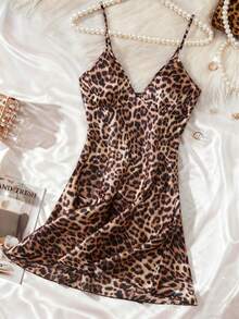 New Leopard Print Sexy Women's Lingerie, Adjustable Straps, V-Neck Triangle Cup Chemise, Satin Loose & Comfortable Nightgown