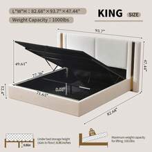 Premium Linen Queen/King Platform Bed Frame With Wide Gold-Accent Headboard, Hydraulic Lift Storage, Solid Platform Base, Noise-Free Support, No Box Spring Needed, Tool-Free Assembly, White/Mink | Bedroom Furniture Guest Room Decor - trắng - Xem 2