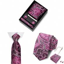AlanKing 1 Set Of Men's Business Formal Tie With Matching Pocket Square And Cufflinks, Burgundy Paisley Men Necktie