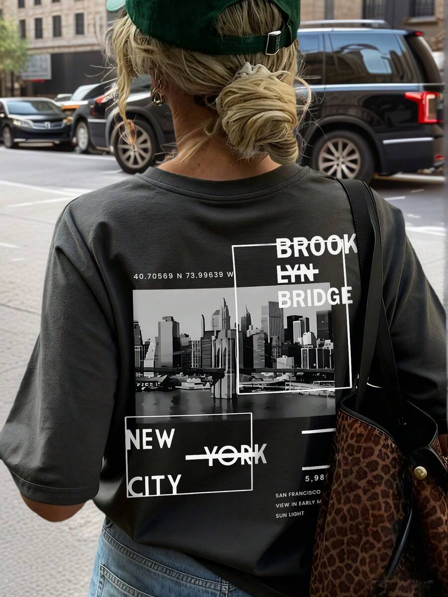 Áo thun nữ cổ tròn tay ngắn màu trắng in chữ thành phố New York thời trang đơn giản, dễ mặc, thời trang và đa năng - Màu xám đen - Xem 1