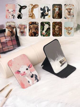 مرآة يدوية قابلة للطي محمولة، خفيفة الوزن وصغيرة الحجم، من جلد PU متين، مناسبة لعدة سيناريوهات، بتصميم كرتوني لبقرة وزهور، غطاء قابل للانعكاس 180 درجة، مرآة مكياج متعددة الوظائف