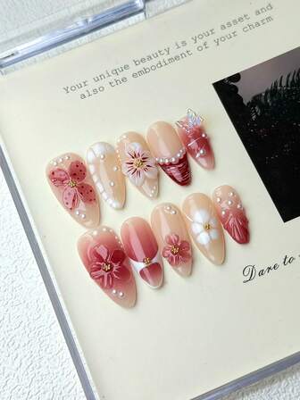 10pcs Oval Shaped Nail Stickers, Nude Pink & Burgundy Gradient Elegant & Sweet Base Color, Decorated With 3D Floral, Pearl Elements, White Line Accents And 3D Butterfly Decor. Shiny Glitter, 100% Handmade, Reusable. Set Includes 1pc Jelly Gel, 1pc Nail File And 1pc Nail Stick, Suitable For Women's Daily Or Party Wear.