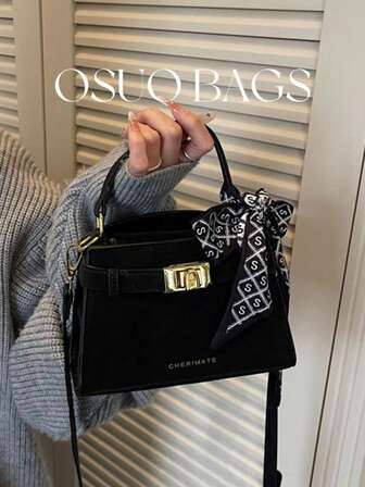 1pc Mini Solid Color PU Leather Women Handbag With Scarf Decor, Adjustable Shoulder Strap, Simple Commuter Square Crossbody Bag