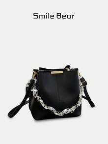 Women's PU Leather Bucket Bag With Chain Decor, Crossbody - Black - View 8