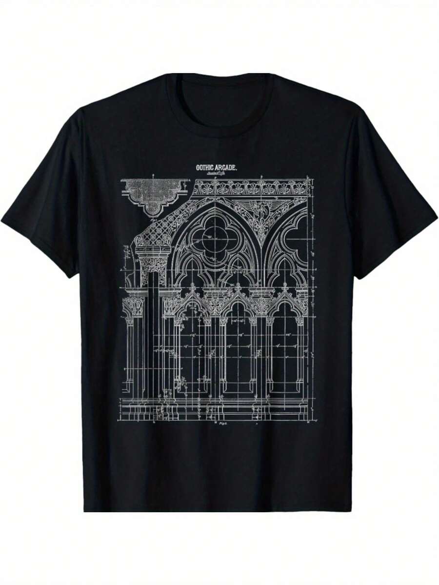 Men's Gothic Cathedral Window T-Shirt - Medieval Architecture Graphic Tee, Black With White Gothic Design, Regular Fit Short Sleeve Shirt For History Buffs & Dark Ages Enthusiasts, Gothic Decor, Allseason Apparel, Digital Heat Transfer, Machine Washable Top - màu đen - Xem 1