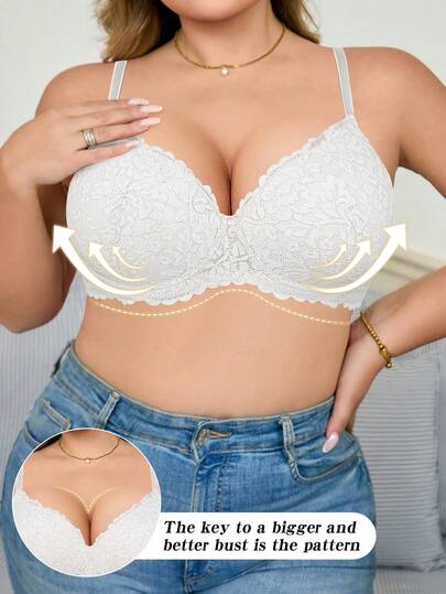 MIMILEMON Plus Size Women Lace Wireless Full Coverage Lift Bra With Underwire, Breathable, Minimizes Bulges, Daily Wear Bra