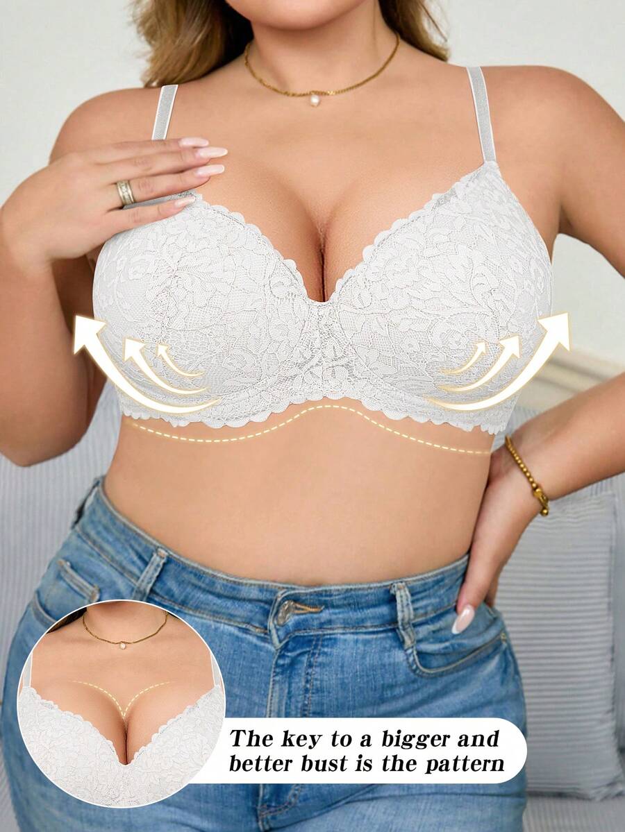 MIMILEMON Plus Size Women Lace Wireless Full Coverage Lift Bra With Underwire, Breathable, Minimizes Bulges, Daily Wear Bra - White - View 1