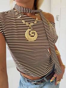 夏季新款条纹露肩上衣，性感挂脖系带设计，斜肩修身短款T恤 - 棕色 - 查看 1